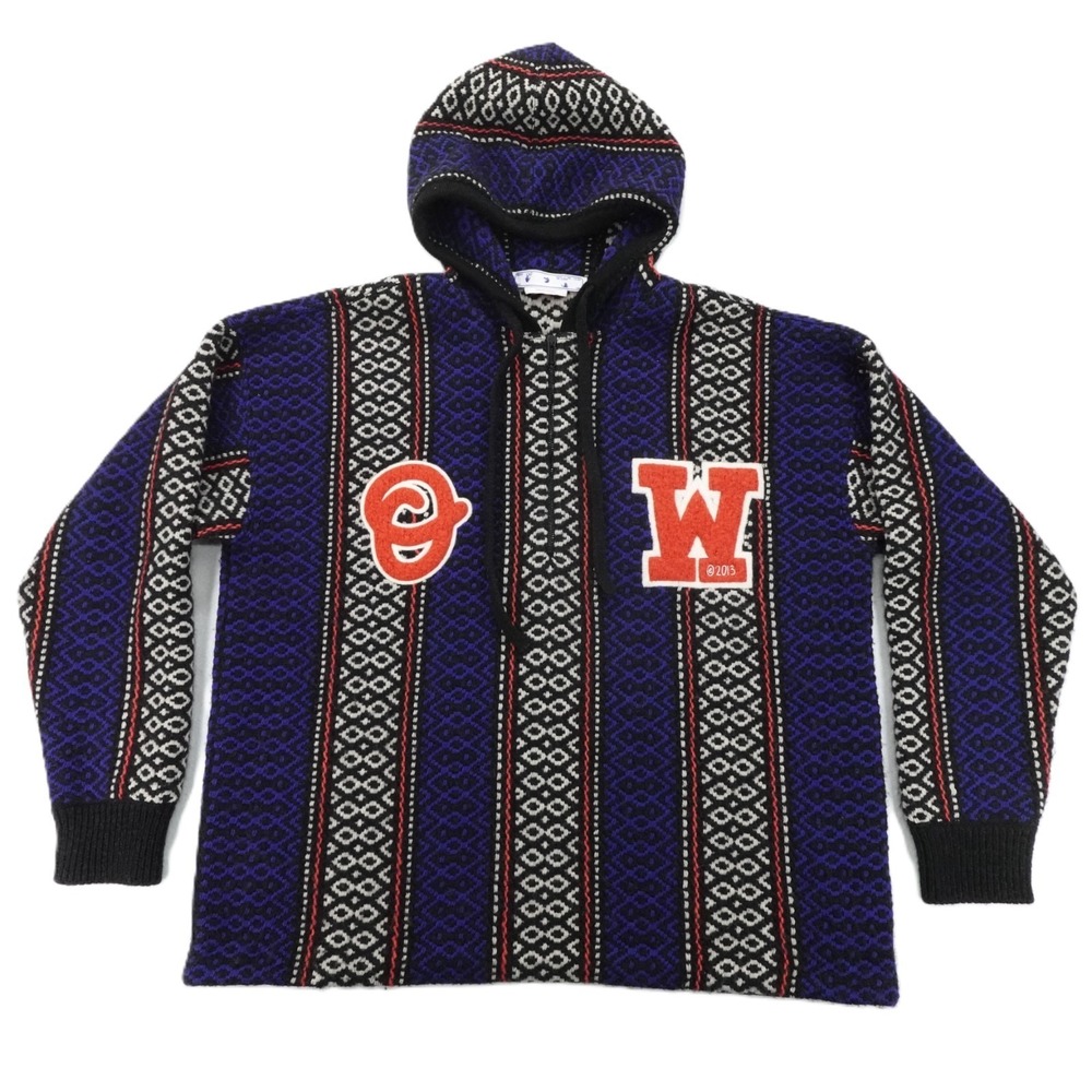 Off White Hoodie Mens XL Blue Baja Chunky Knit Wool Alpaca Patch Logo